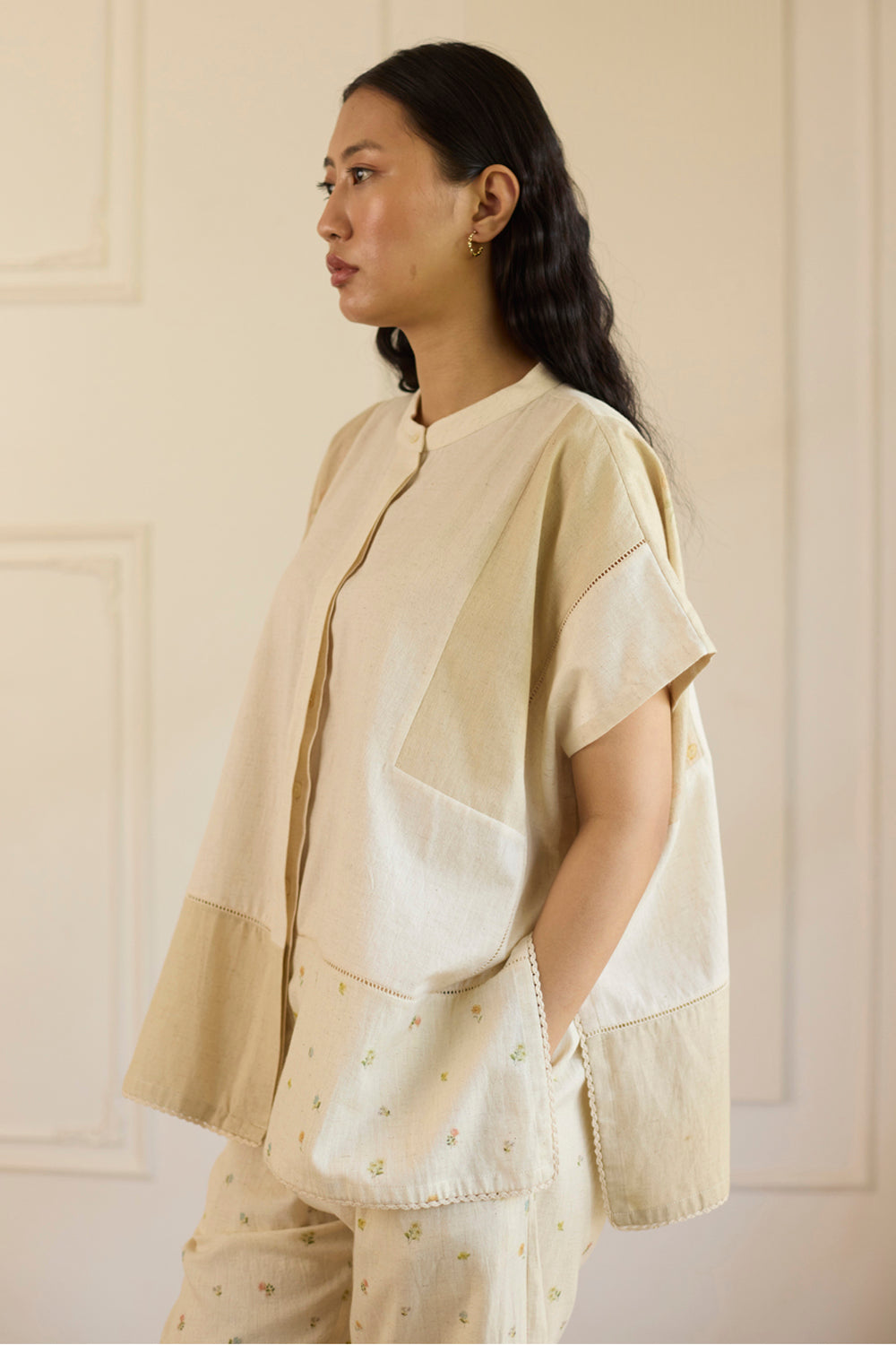 Beige Kaftan Top With Pants Set