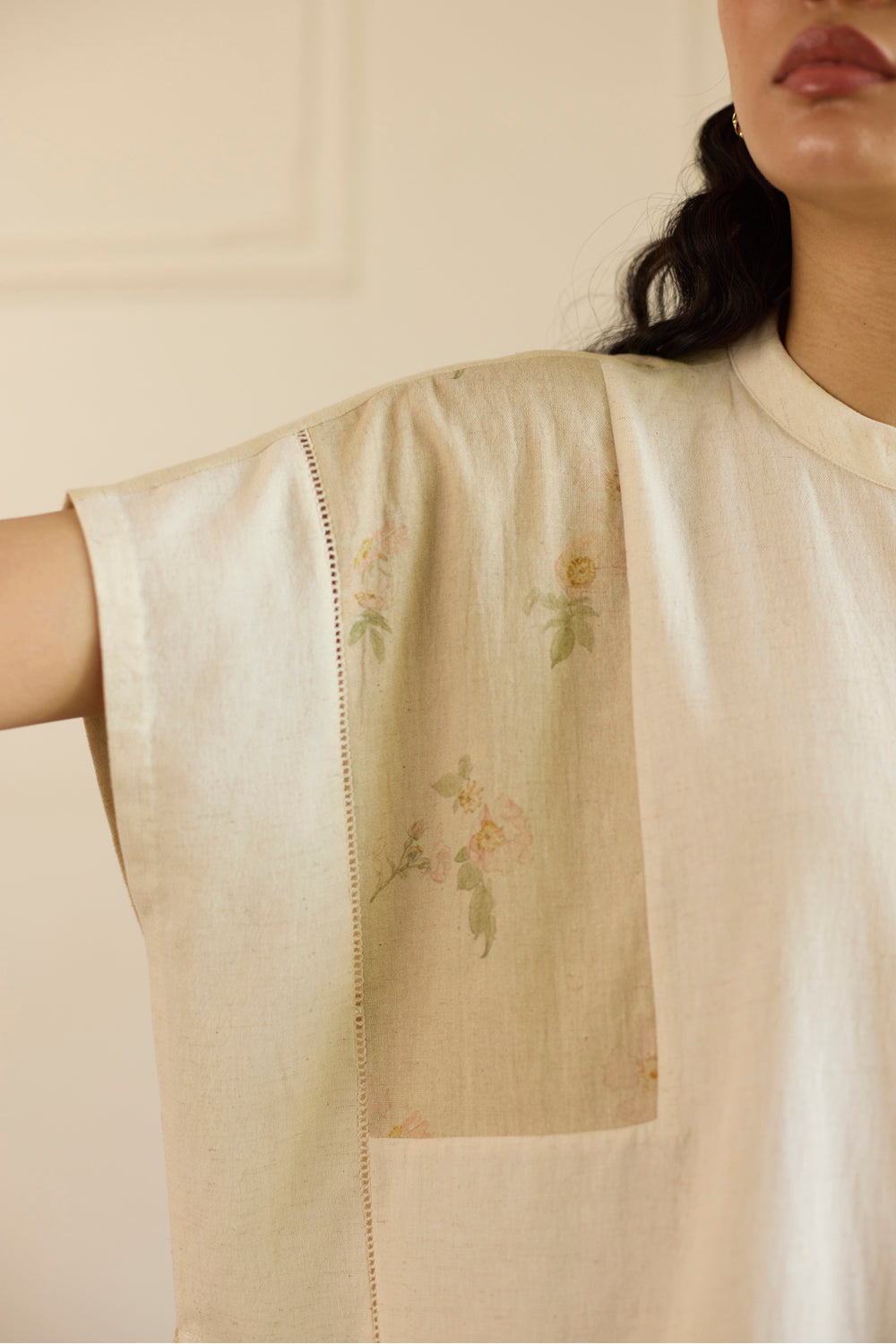 Beige Kaftan Top With Pants Set