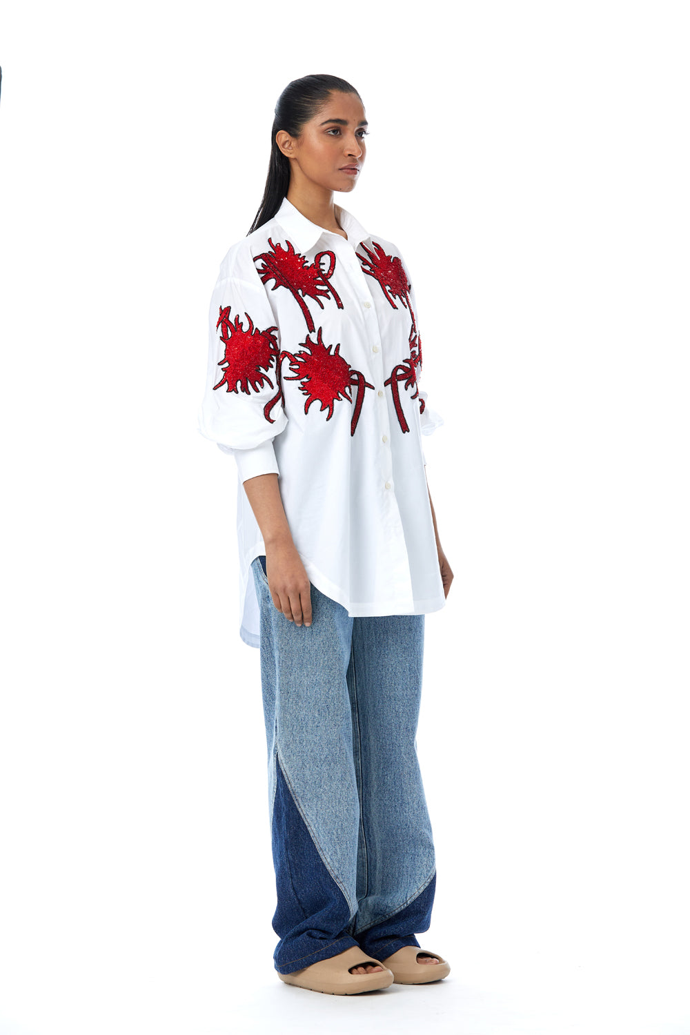 'Fiery Bloom' Hand Embellished Shirt
