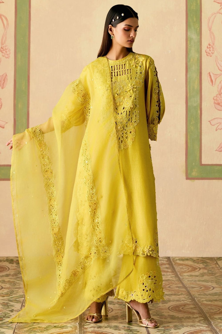 Yellow cutwork dupatta