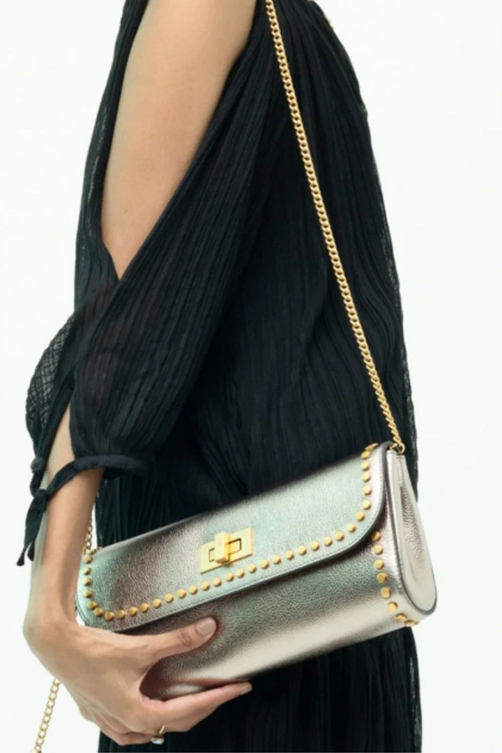 Metallic Pewter Slim Studded Clutch Bag