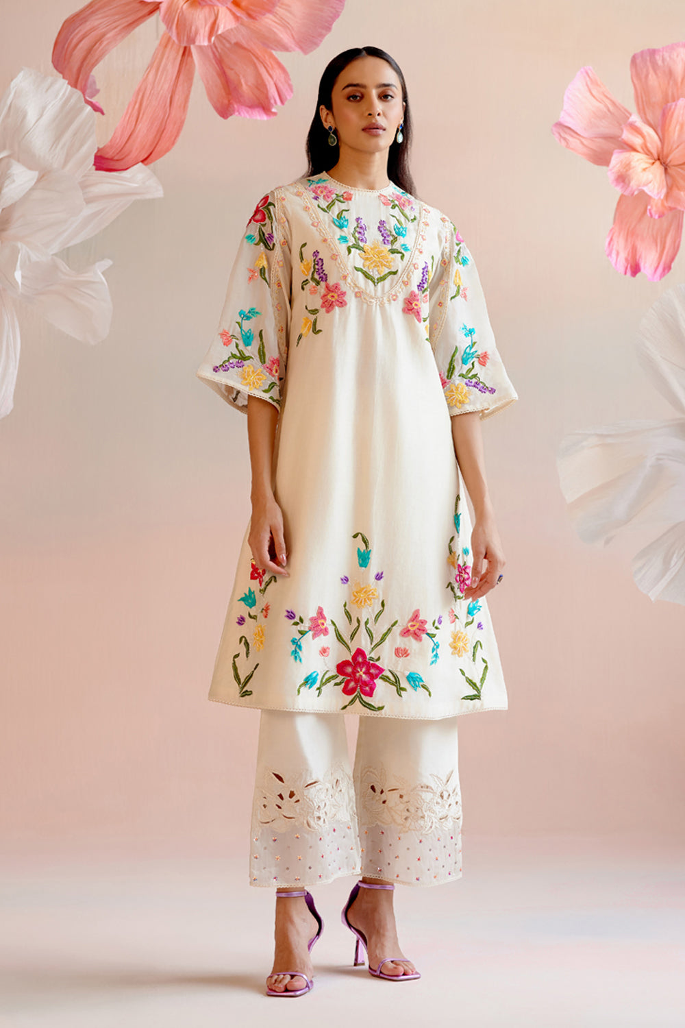 Ivory Floral Embroidered Yoke Detail Kurta Set