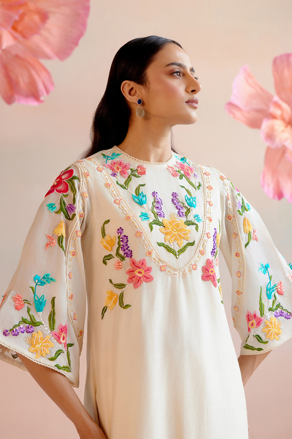 Ivory Floral Embroidered Yoke Detail Kurta Set