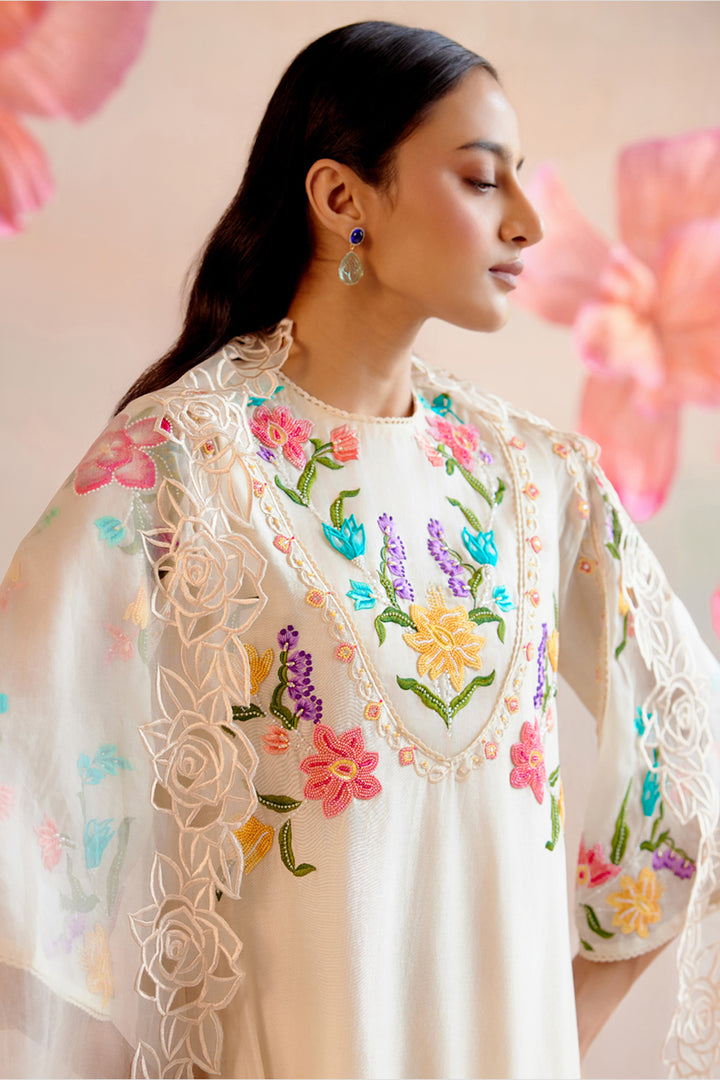 Ivory Floral Embroidered Yoke Detail Kurta Set