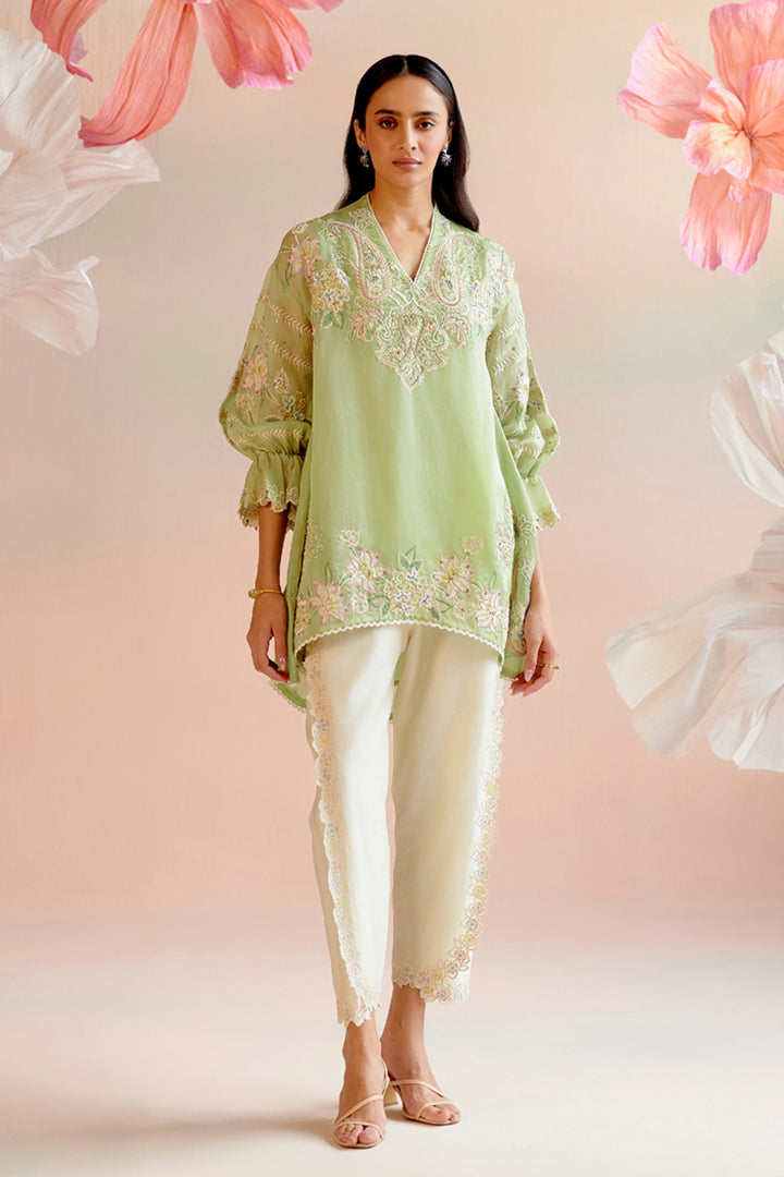 Mint Green Contrast Paisely Embroidered Tunic Set