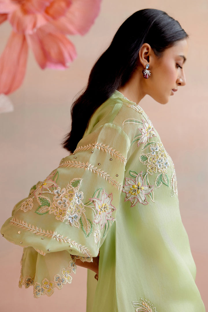 Mint Green Contrast Paisely Embroidered Tunic Set