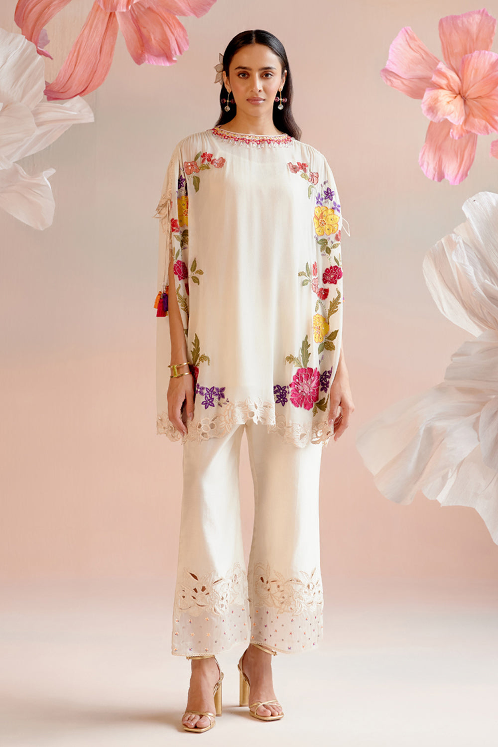 Ivory Floral Embroidered Kaftan Set