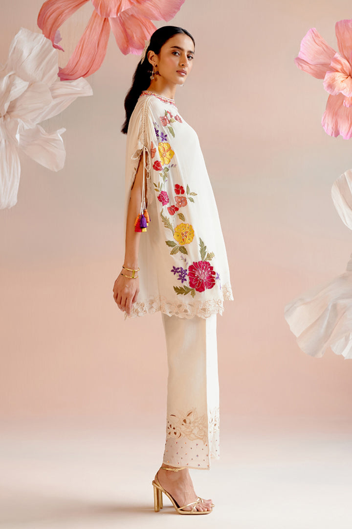 Ivory Floral Embroidered Kaftan Set