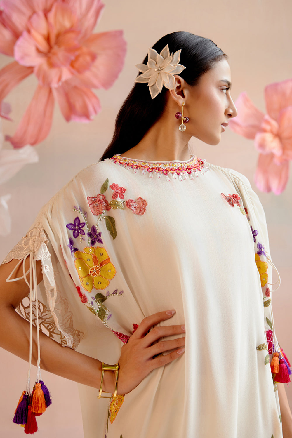 Ivory Floral Embroidered Kaftan Set