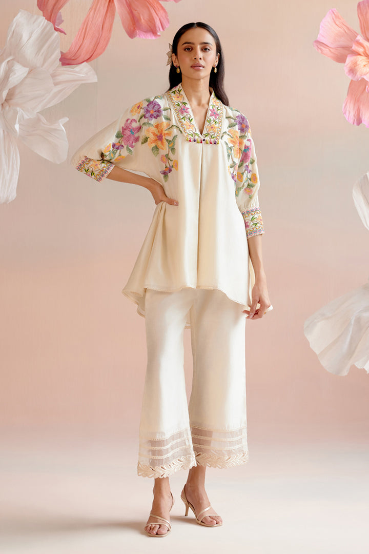 Ivory Floral Embroidered Kaftan Set