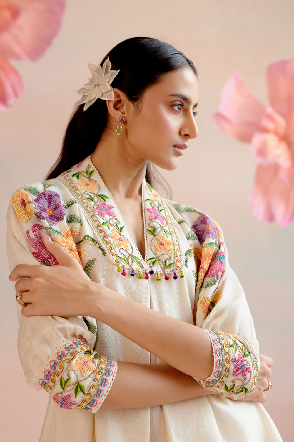 Ivory Floral Beadwork Kimono Tunic Set