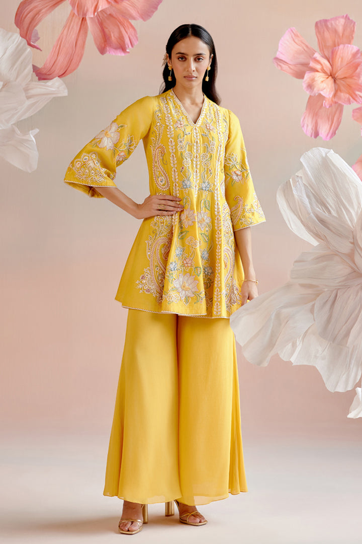 Yellow Contrast Embroidered Flared Short Kurta Set