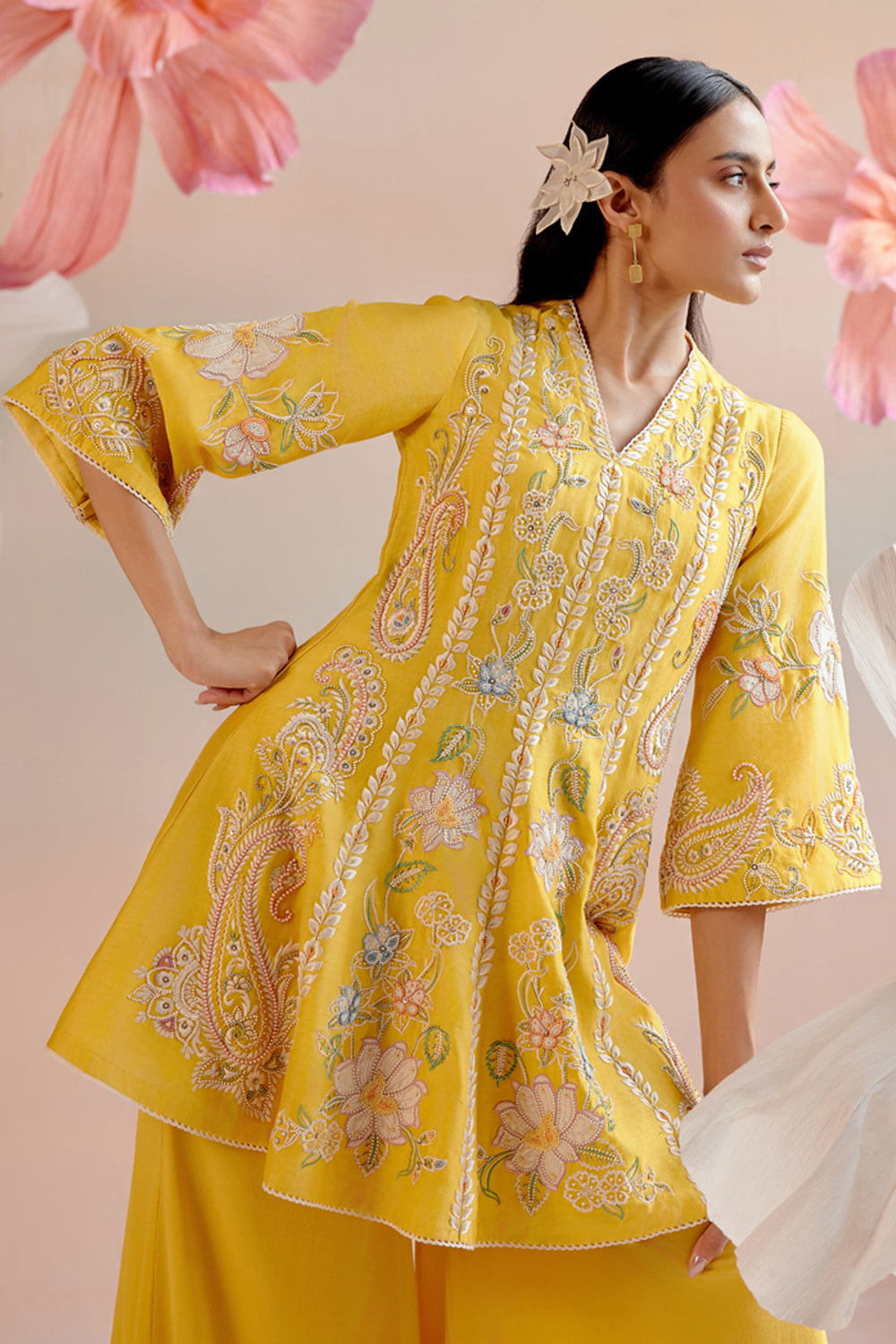 Yellow Contrast Embroidered Flared Short Kurta Set