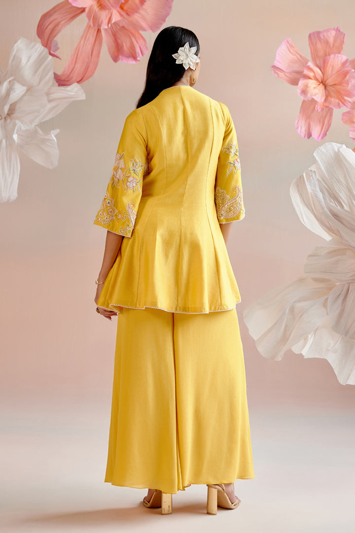 Yellow Contrast Embroidered Flared Short Kurta Set