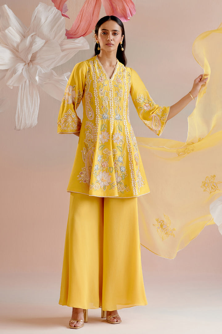 Yellow Contrast Embroidered Flared Short Kurta Set