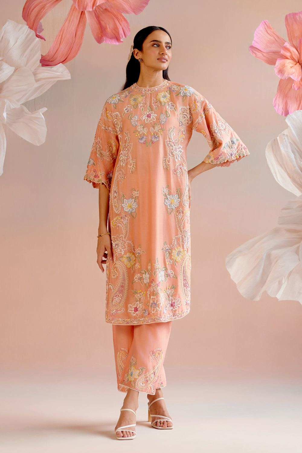 Apricot Contrast Embroidered Kurta Set