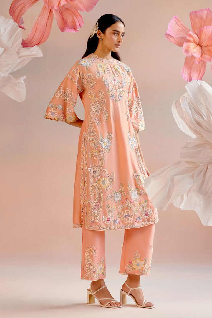 Apricot Contrast Embroidered Kurta Set