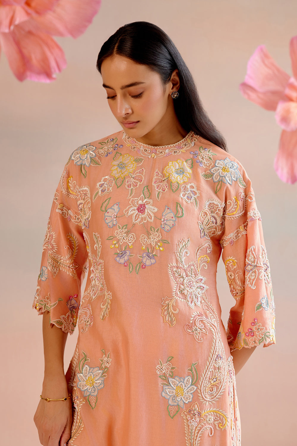 Apricot Contrast Embroidered Kurta Set