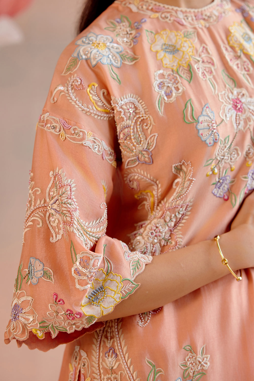 Apricot Contrast Embroidered Kurta Set