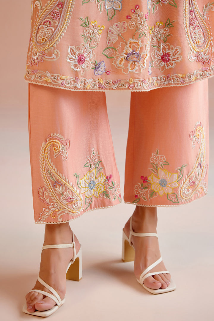 Apricot Contrast Embroidered Kurta Set