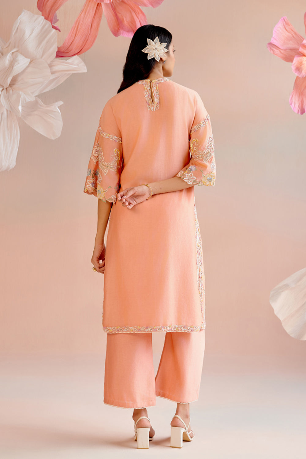 Apricot Contrast Embroidered Kurta Set