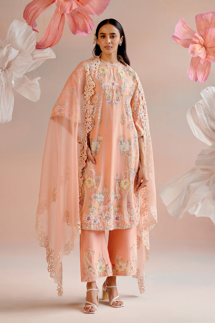 Apricot Contrast Floral Cutwork Dupatta