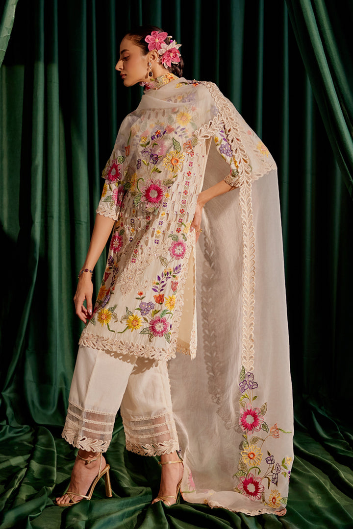 Ivory Floral Threadwork and Beadwork Kurta Set