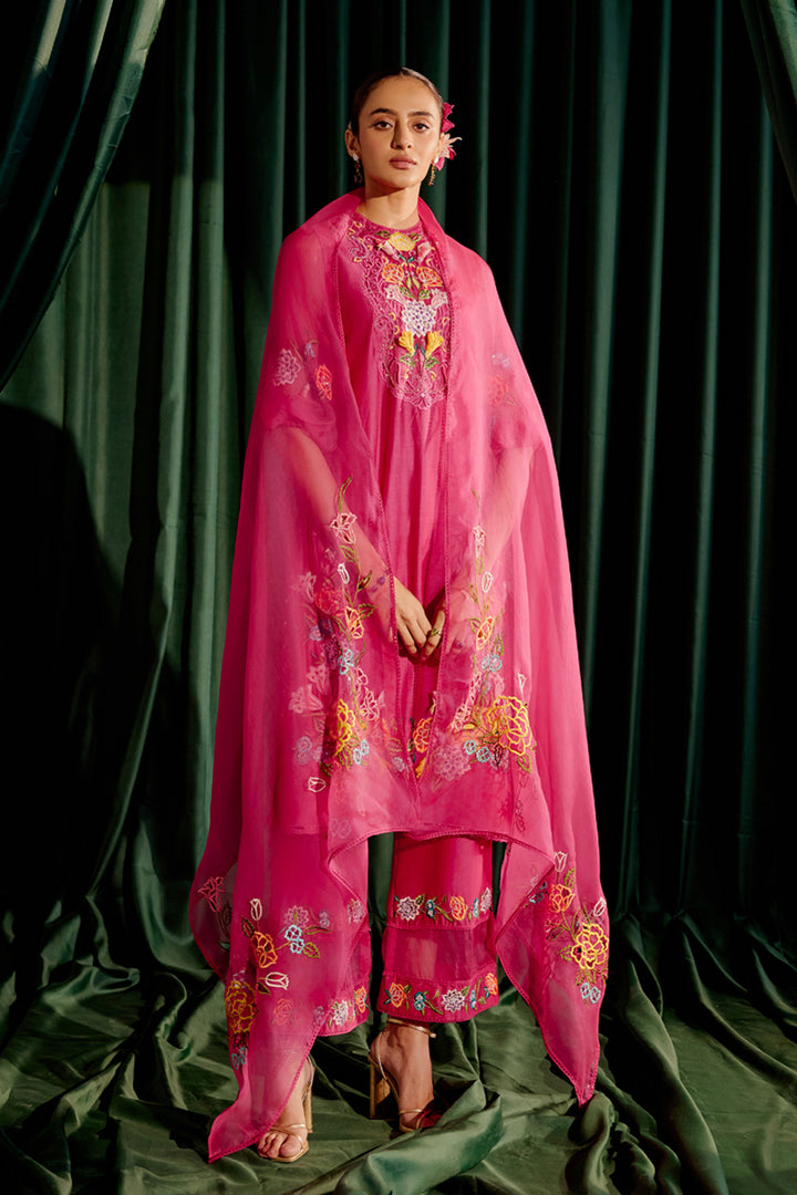 Fuchsia Floral Cutwork Dupatta