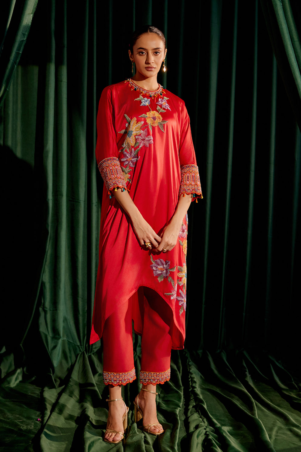 Red Floral Beadwork Kimono Kurta Set