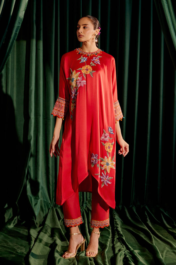 Red Floral Beadwork Kimono Kurta Set