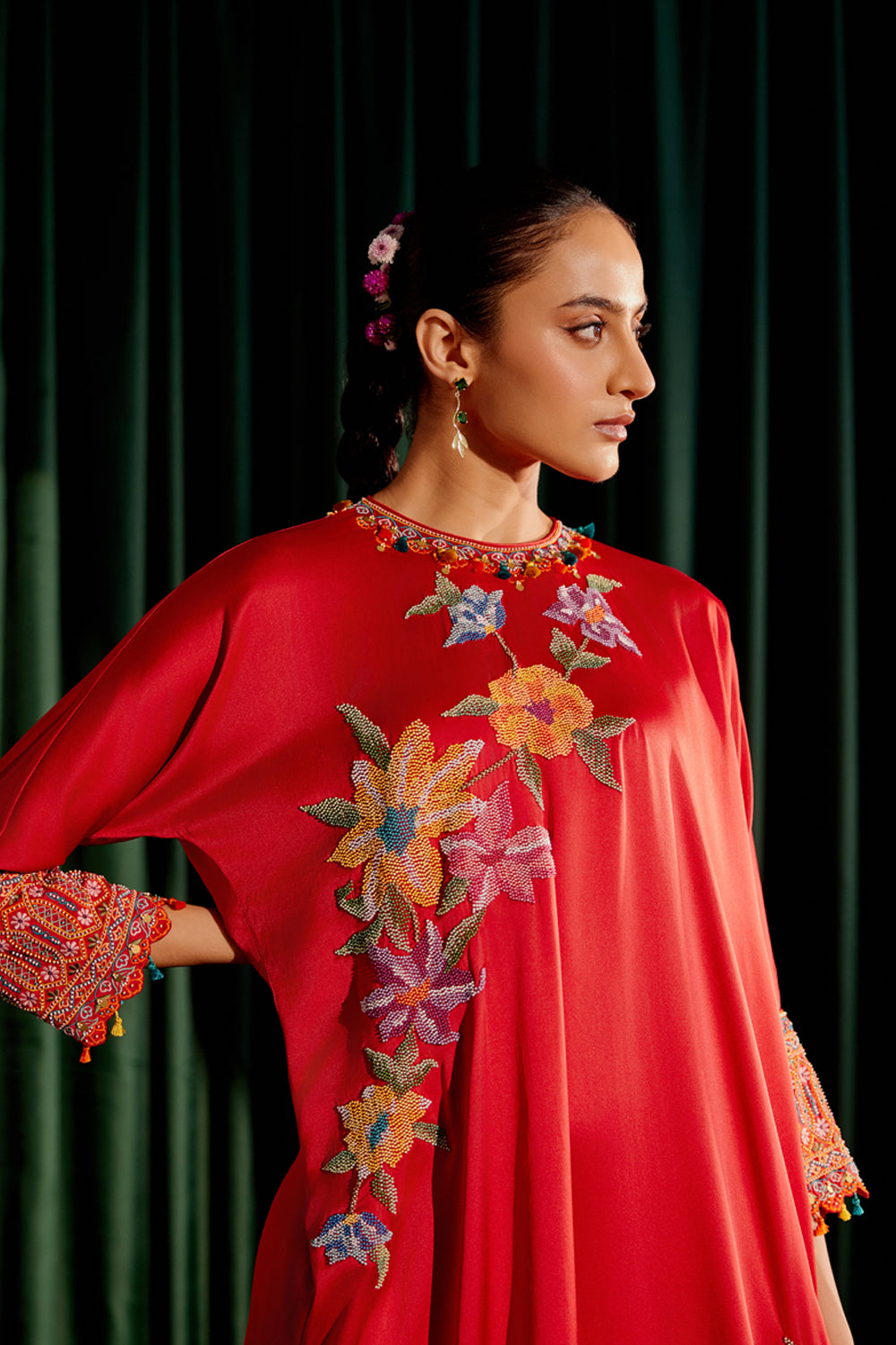 Red Floral Beadwork Kimono Kurta Set