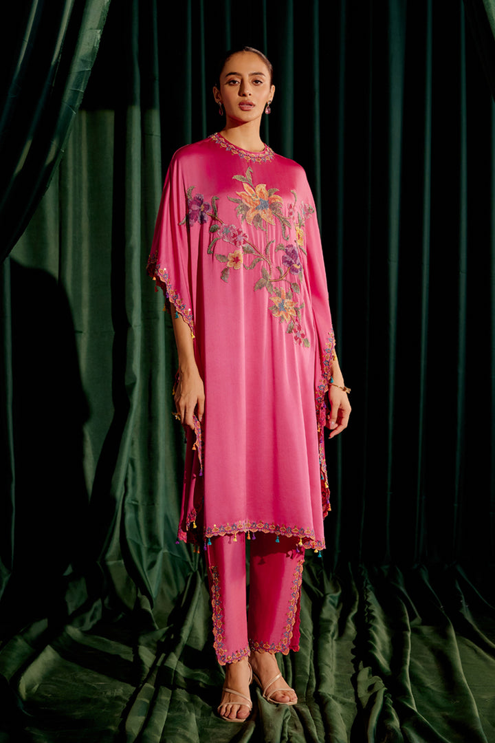 Fuchsia Floral Beadwork Kaftan Set