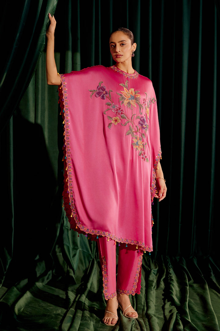 Fuchsia Floral Beadwork Kaftan Set