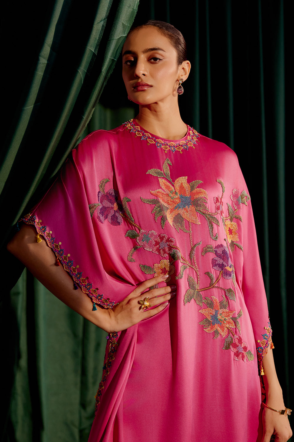 Fuchsia Floral Beadwork Kaftan Set