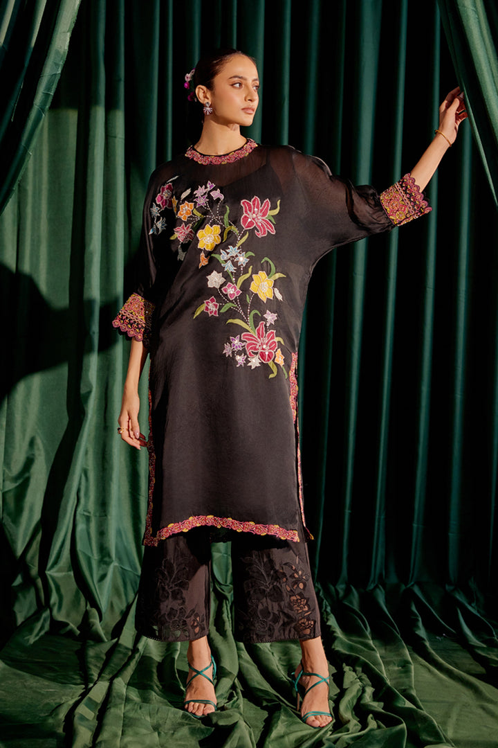 Black Floral Applique Kimono Kurta Set