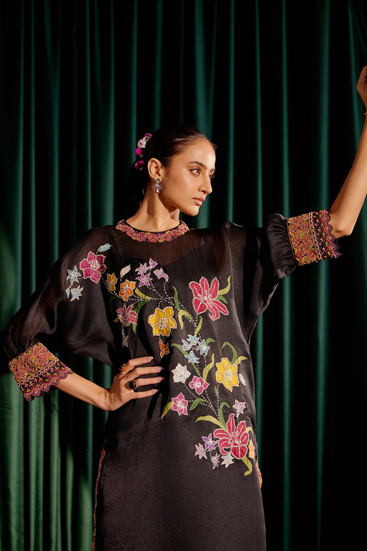 Black Floral Applique Kimono Kurta Set