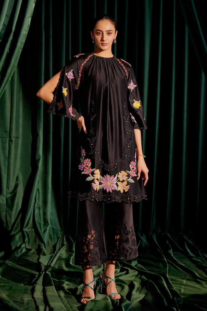 Black Floral Beadwork Gathered Kurta Set