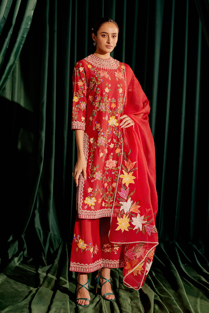 Red Multicolor Floral Embroidered Kurta Set