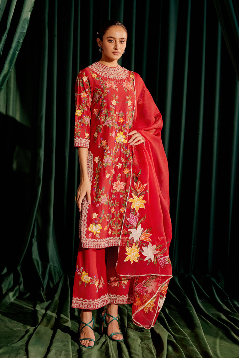 Red Floral Applique Dupatta