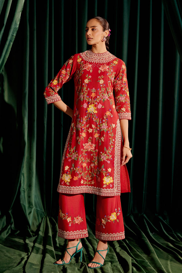 Red Multicolor Floral Embroidered Kurta Set