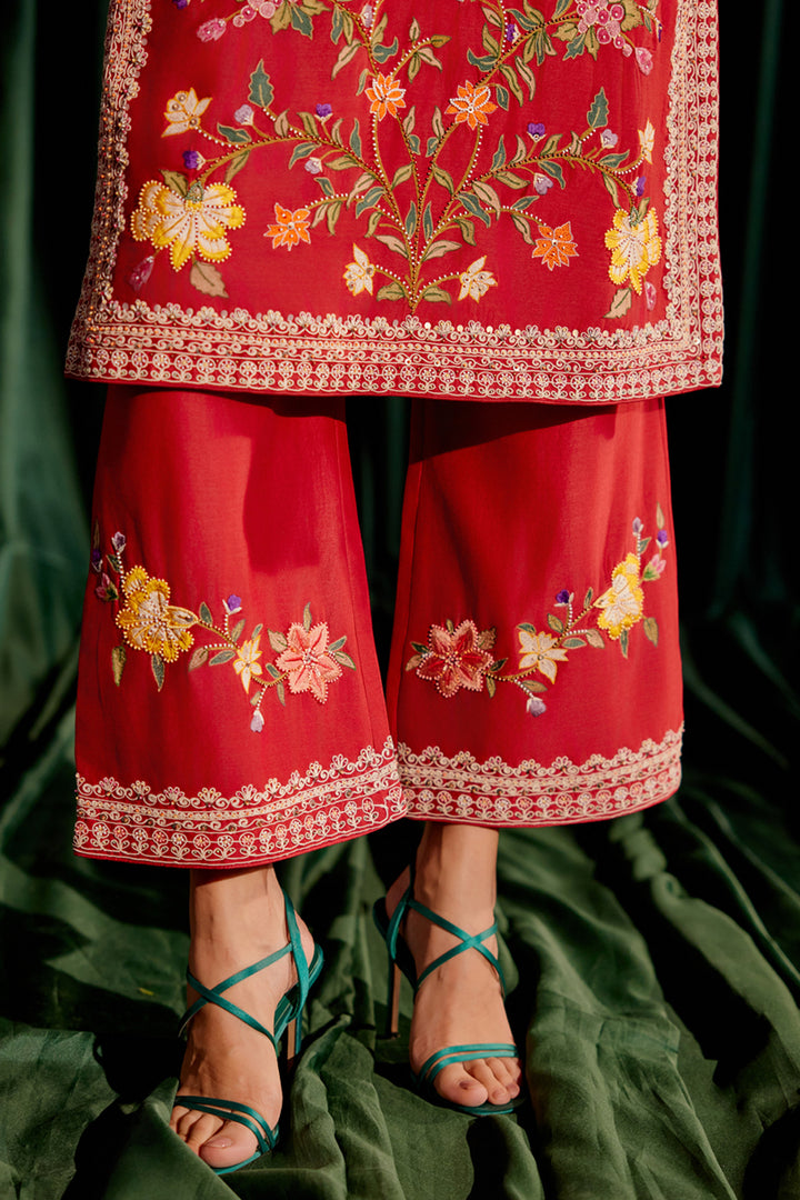 Red Multicolor Floral Embroidered Kurta Set