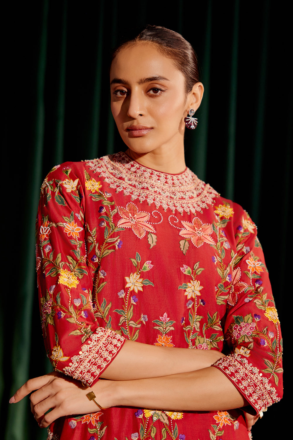 Red Multicolor Floral Embroidered Kurta Set