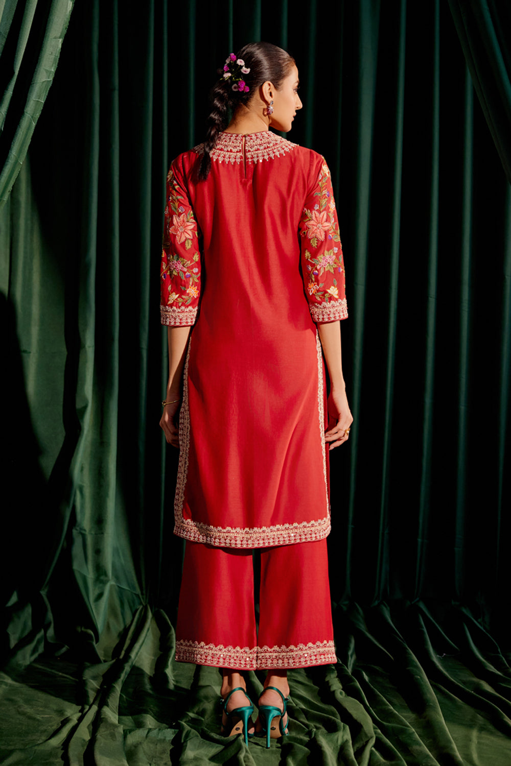 Red Multicolor Floral Embroidered Kurta Set