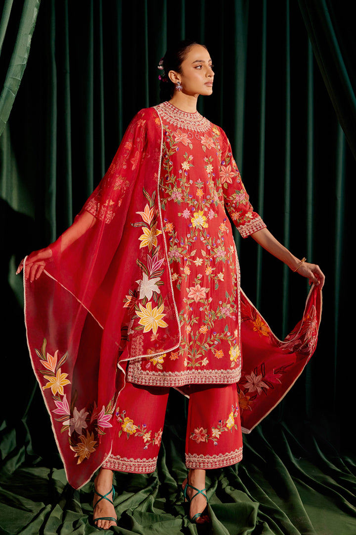 Red Floral Applique Dupatta