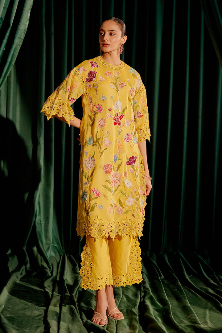 Yellow Floral Applique and Beadwork Kurta Set