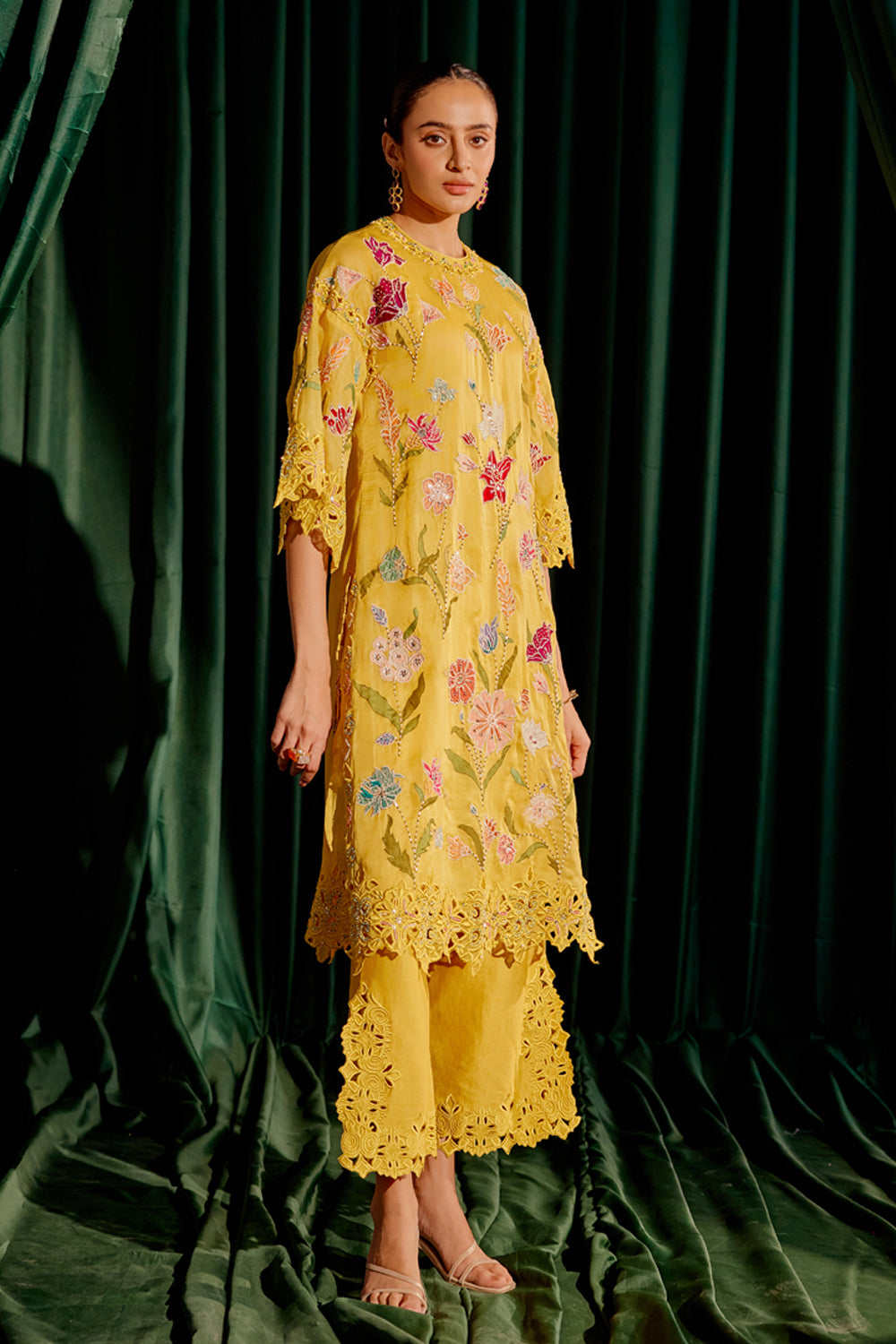 Yellow Floral Applique and Beadwork Kurta Set