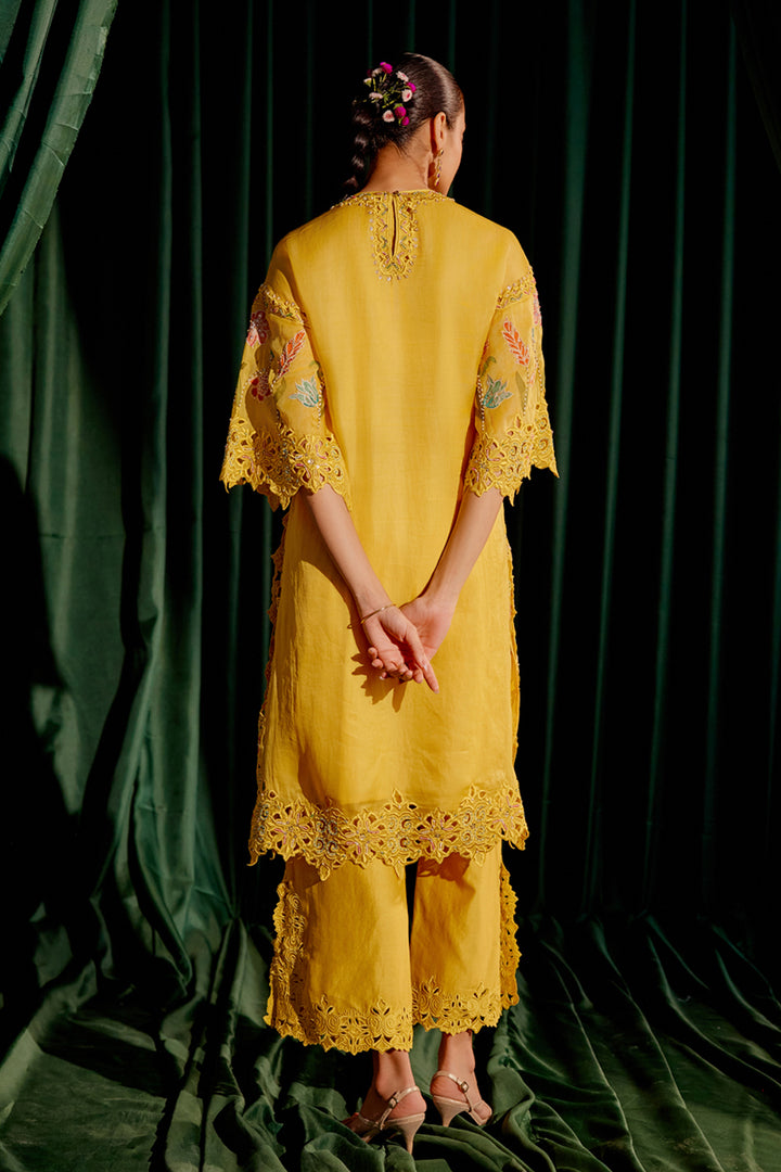 Yellow Floral Applique and Beadwork Kurta Set