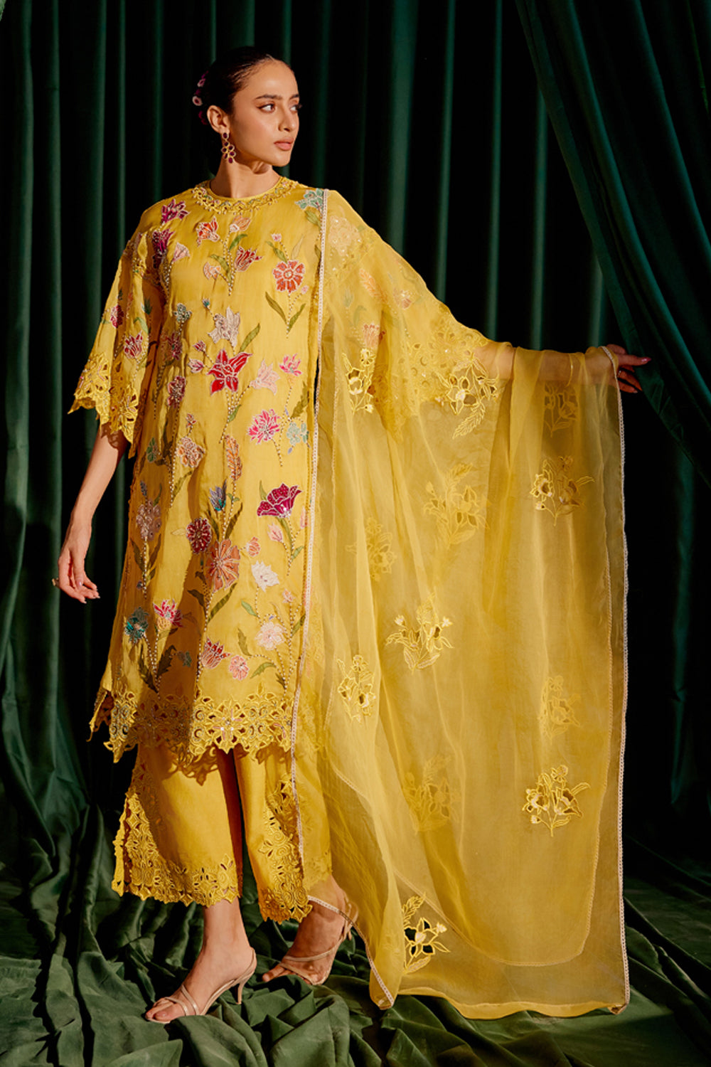 Yellow Floral Applique and Beadwork Kurta Set