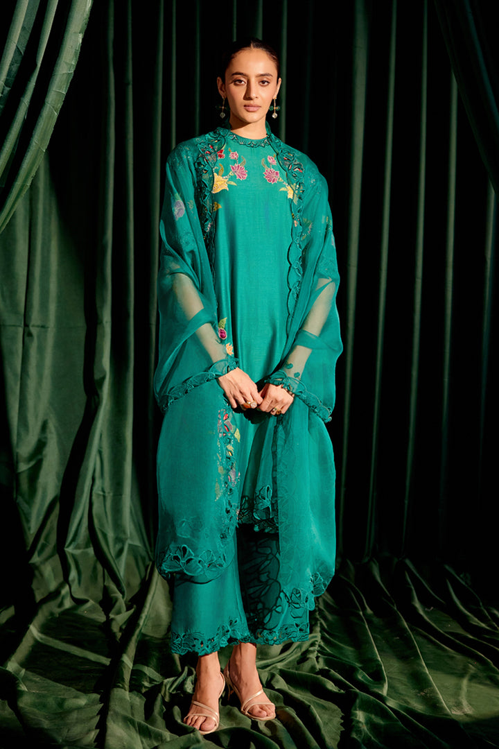 Emerald Green Tonal Cutwork Dupatta