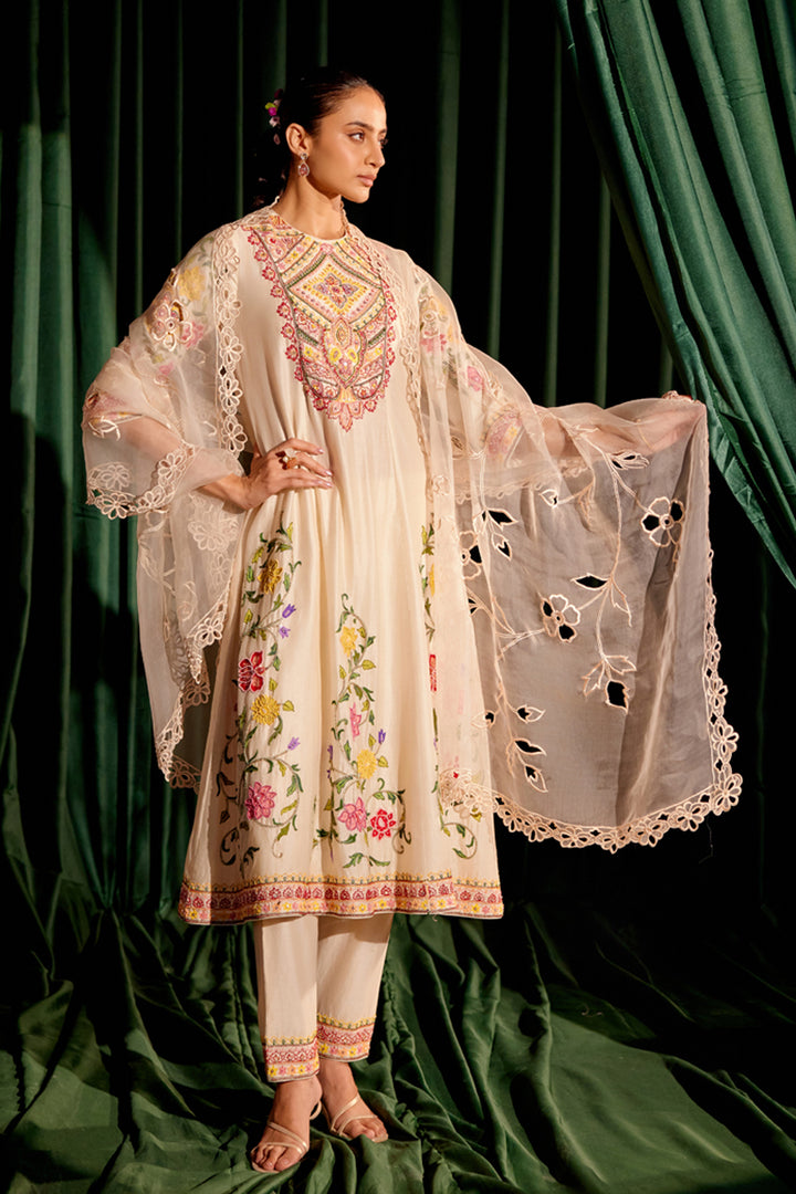 Ivory Embroidered Flared Kurta Set